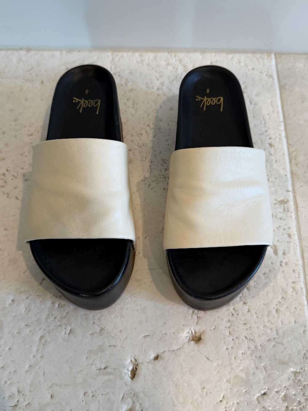 Beek Black & Ivory Leather Platform Slide Sandals Size 8